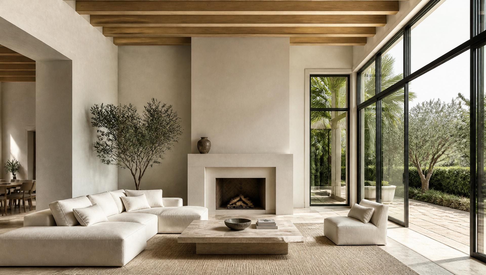 A modern organic Florida living room at golden hour — white oak beams, plaster walls, linen seating, and lush landscaping beyond floor-to-ceiling glass.
