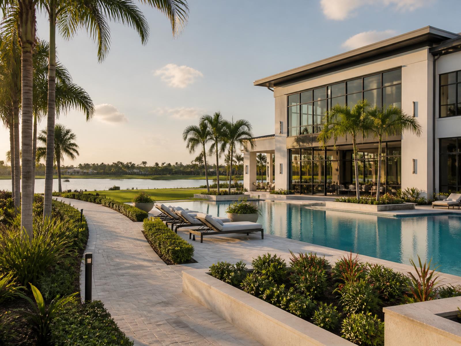 A master-planned Wesley Chapel community amenity center at golden hour — modern clubhouse, resort-style pool, palm-lined walking path and a lake beyond.