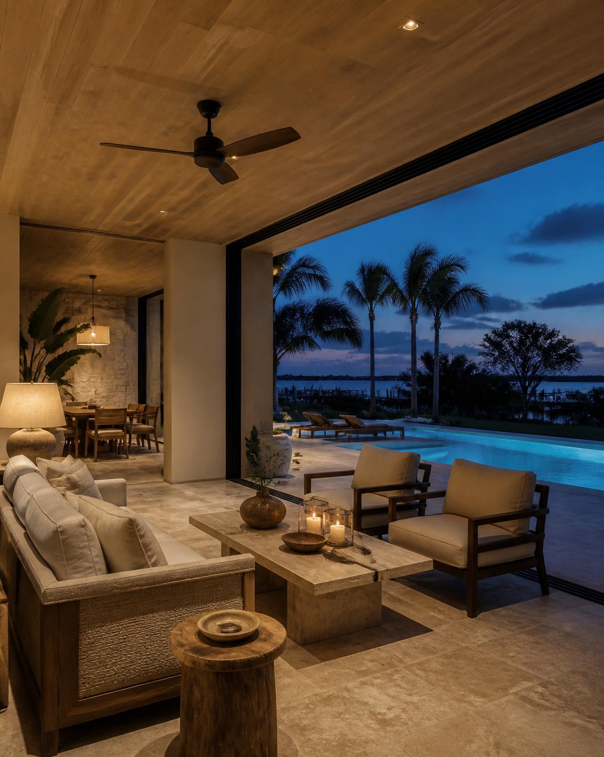 A covered lanai at dusk with white oak ceiling, linen seating, and a lit pool beyond an open glass wall.