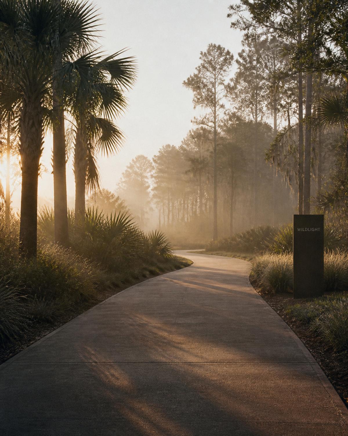 A paved community walking trail at first light, mist between sabal palms and pines.