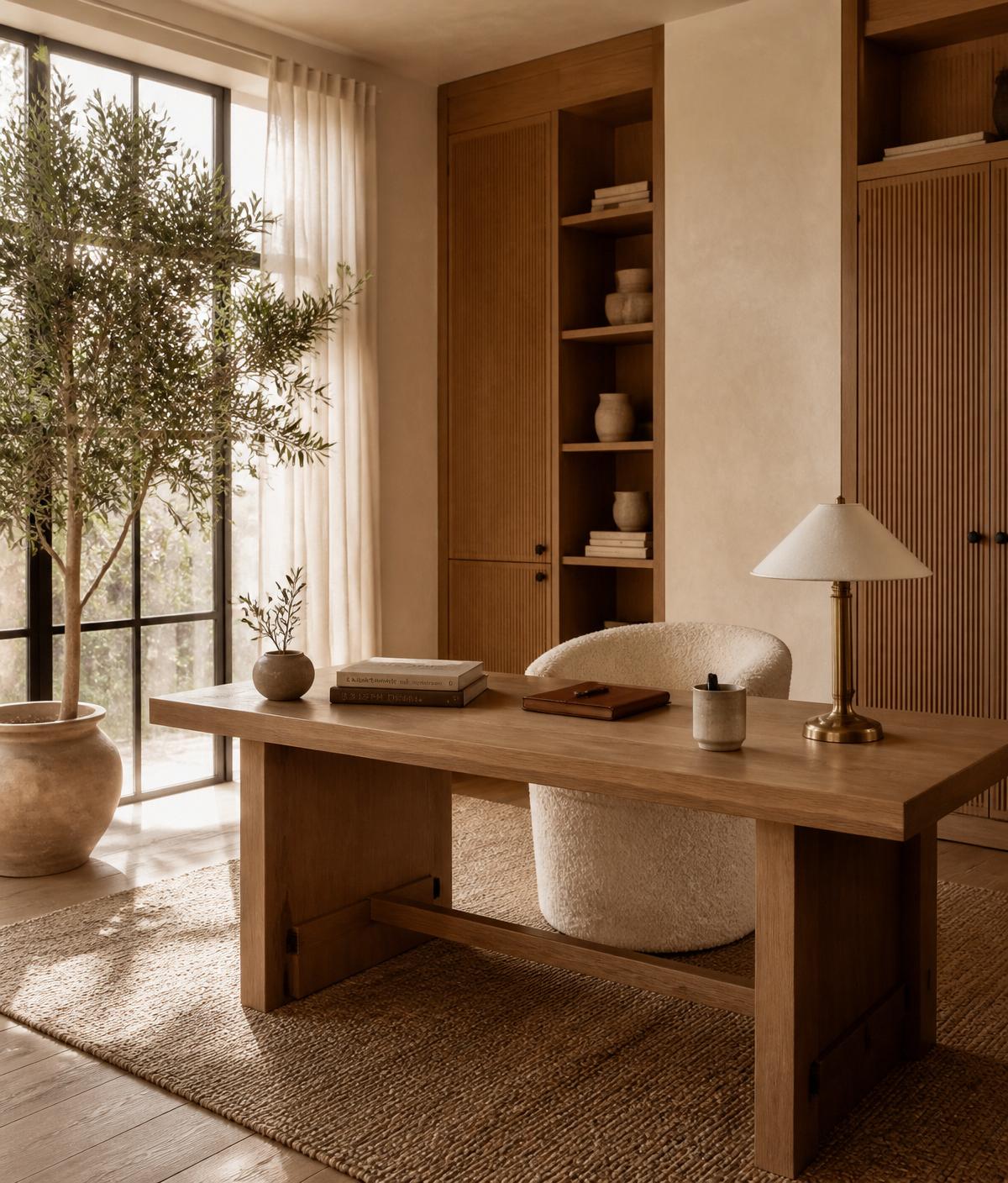 A refined home study in warm afternoon light — a substantial white oak desk, boucle chair, brass task lamp, and floor-to-ceiling windows framed by linen drapes and an olive tree.