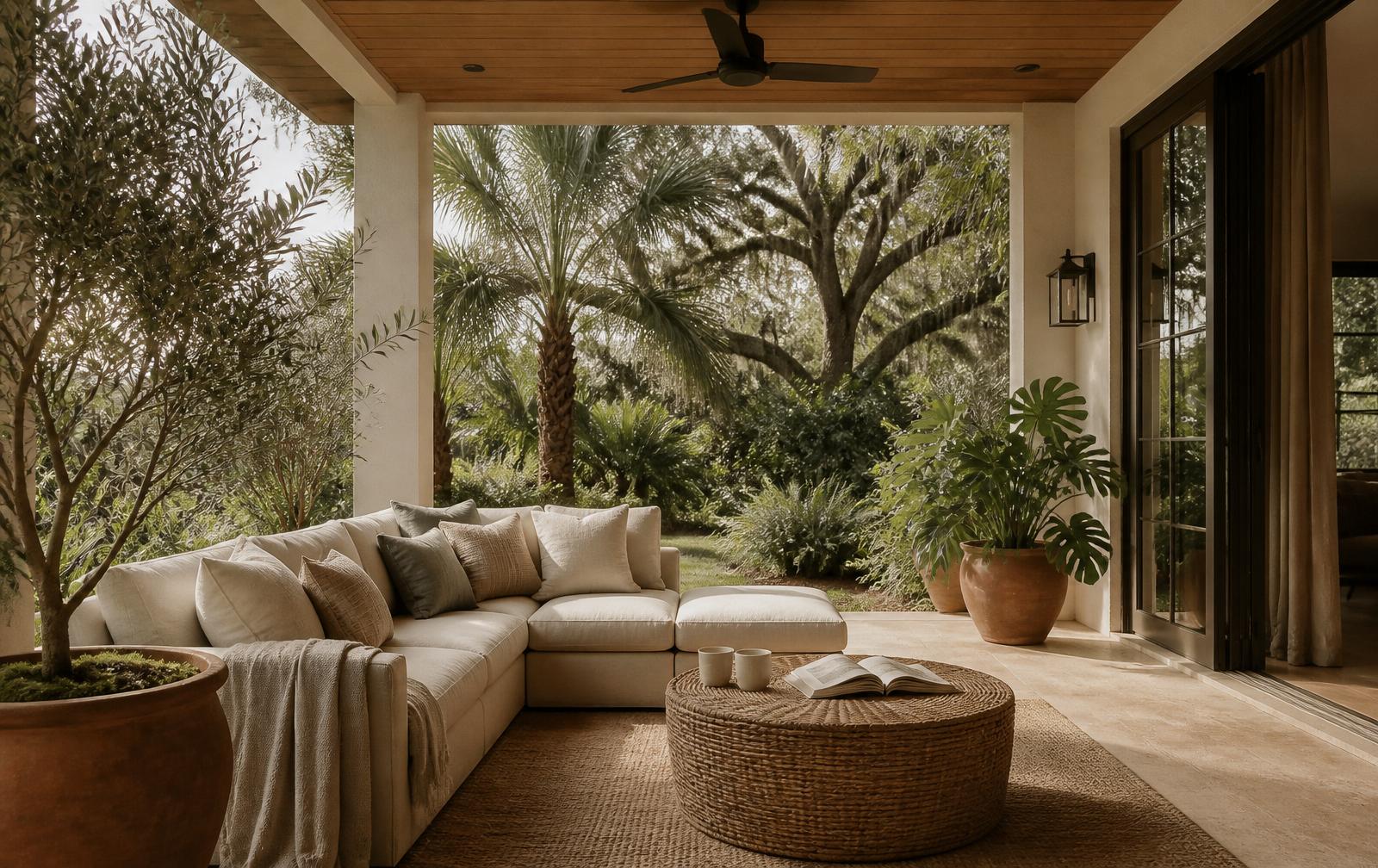 A covered Florida lanai in soft morning light — a deep linen sectional, a woven rattan table with two coffee mugs, olive trees and palms beyond.