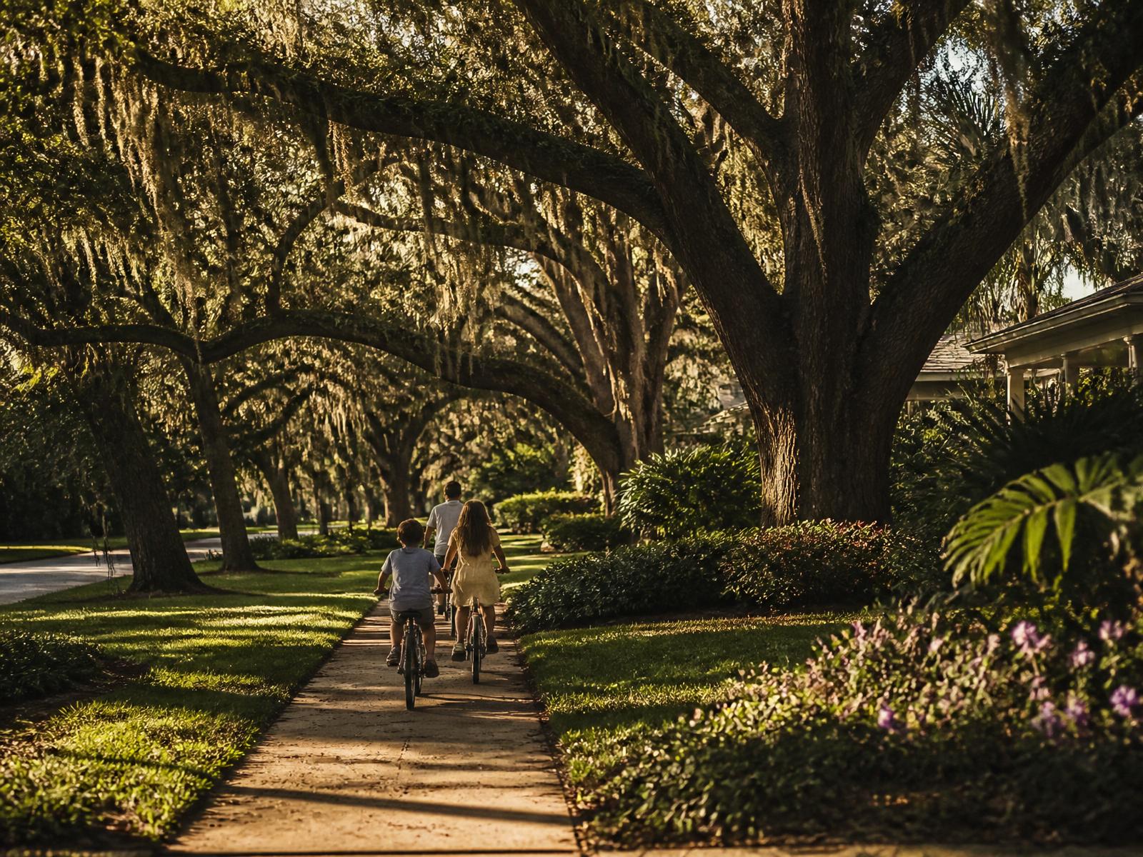 A Wesley Chapel street beneath a canopy of moss-draped live oaks, a family riding bikes along the sidewalk in golden afternoon light.